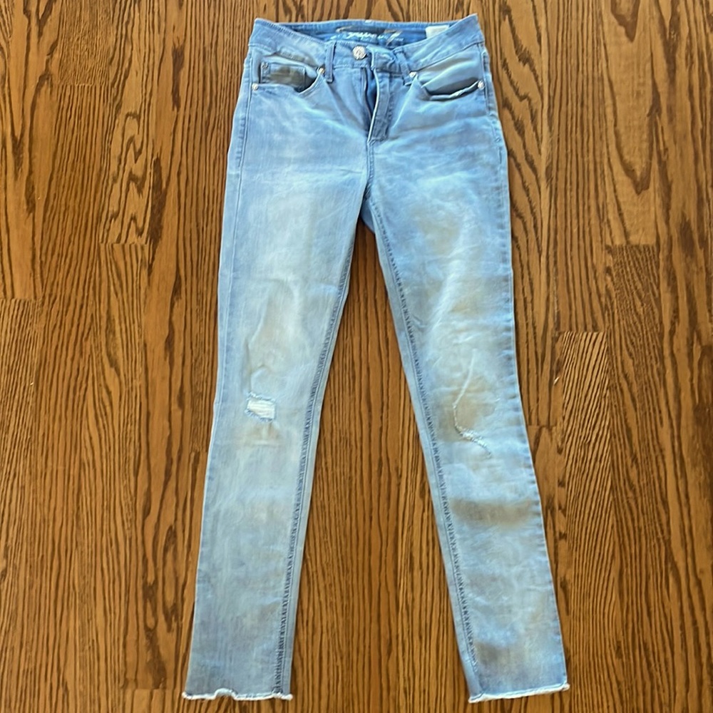 Seven jeans high rise slim straight, light wash, mild distressing